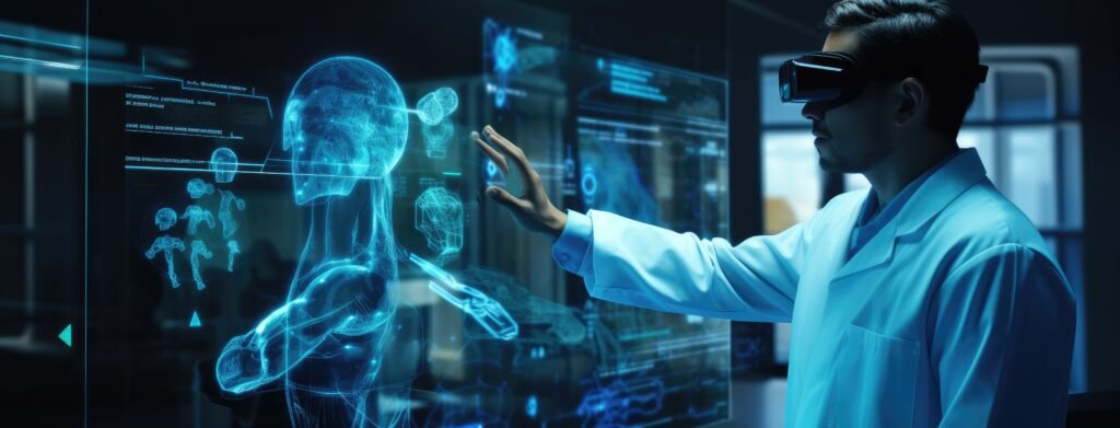 A doctor using virtual reality technology to interact with a holographic human body, showcasing HealthTech innovations as a top business ideas for 2025.