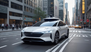 Self-driving car with AI technology navigating city streets.