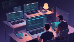 A modern illustration of developers coding on laptops with ChatGPT integration on a screen.