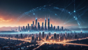"quantum error correction powering the journey to quantum supremacy in a futuristic skyline"
