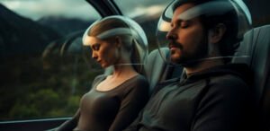 Passengers trusting the self-driving car technology during their ride.