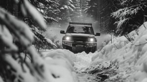 Self-driving car navigating through challenging weather conditions.
