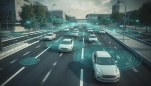 Self-driving car with advanced sensors detecting obstacles on the road.