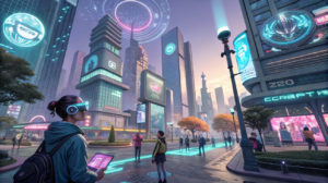 Metaverse Gaming in 2025 future outlook showing a digital cityscape where fantasy meets reality in immersive gameplay.