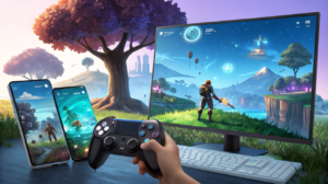 Metaverse Gaming in 2025 highlighting cross-platform integration, ensuring seamless gaming experiences across devices.