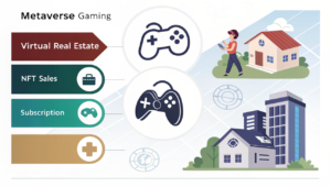 Metaverse Gaming in 2025 monetization infographic highlighting innovative business models and revenue streams.