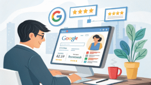 "Small business owner managing Google Business Profile with local listings and updated store hours on screen"