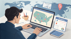 "Facebook Ads dashboard showing geofencing map and campaign metrics for local digital marketing strategy"