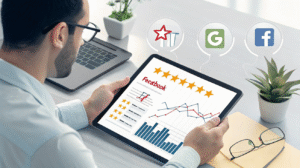 "Tablet showing local business reviews with sentiment analysis for monitoring digital marketing performance"