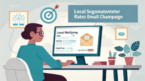 "Email campaign dashboard with segmented local audience and performance metrics like open rate and CTR"
