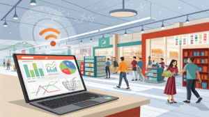 "Wi-Fi analytics dashboard showing customer foot traffic and dwell time in a retail store setting"