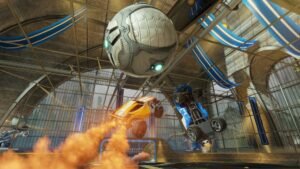 Rocket League cross-platform gameplay with cars competing in soccer matches, demonstrating 2025 cross-platform trends.