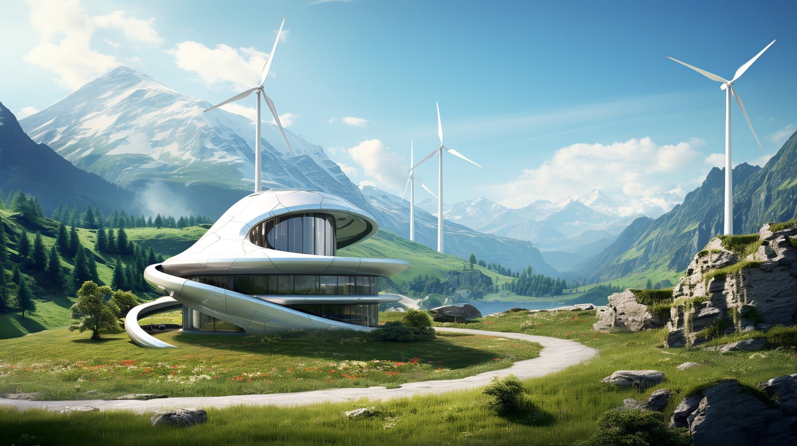 futuristic-buildings-nature A futuristic eco-friendly building surrounded by wind turbines in a mountainous landscape, highlighting sustainable energy as a top business ideas for 2025.
