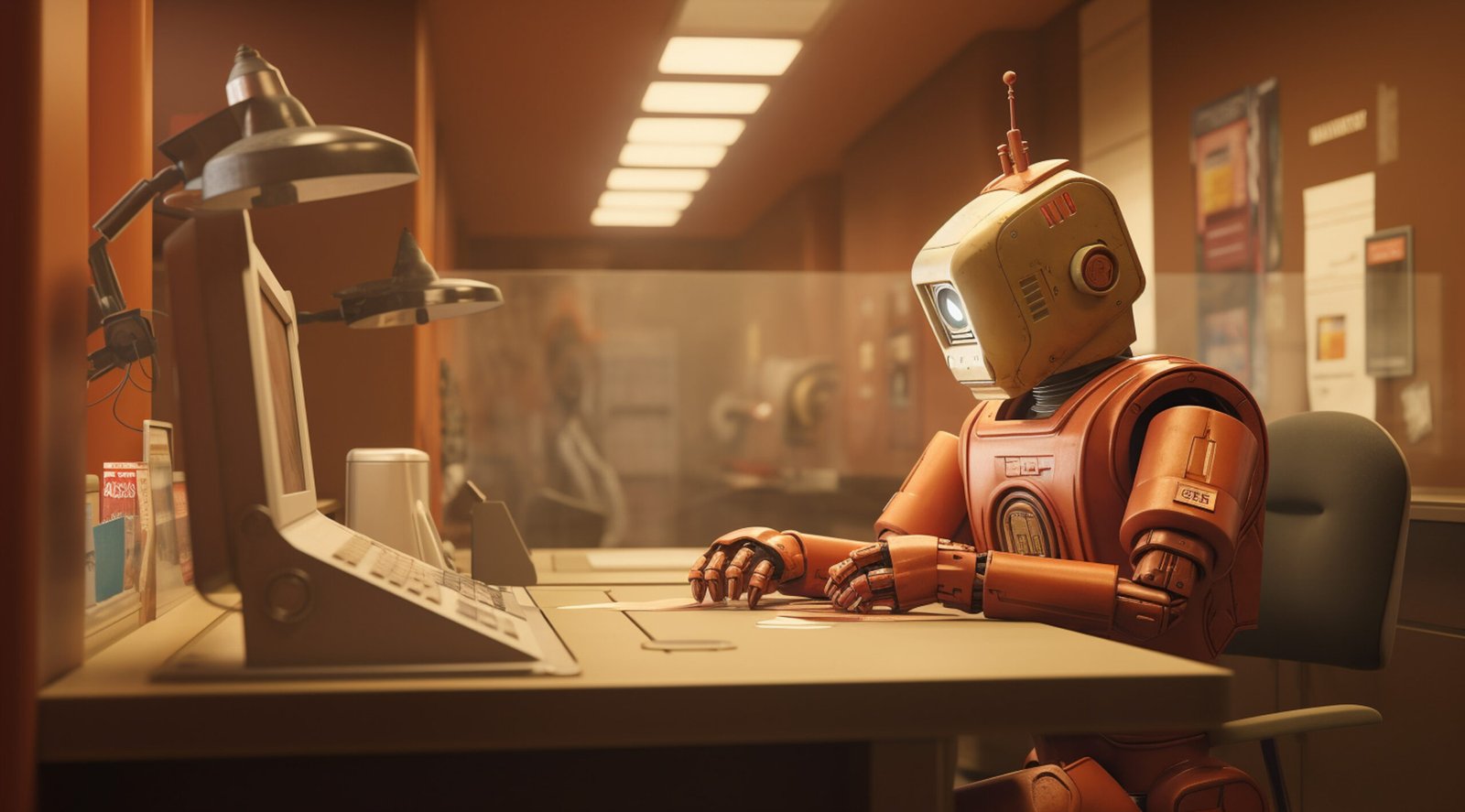 regular-human-job-performed-by-anthropomorphic-futuristic-robot A retro-styled robot working at a desk with a computer, representing the integration of AI in business automation, a Top Business Ideas for 2025