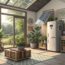 Modern home interior showcasing sustainable living products like eco-friendly appliances, solar panels, and indoor plants.
