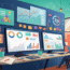 Digital workspace with analytics dashboards and social media icons representing digital marketing strategies.