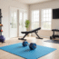 Modern home gym with workout equipment and a screen displaying exercise routines.